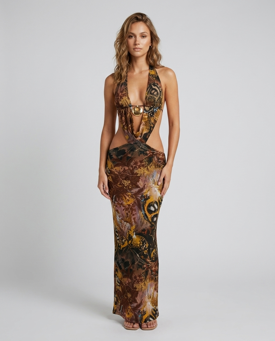 Rivana Halter Dress - Brown Front