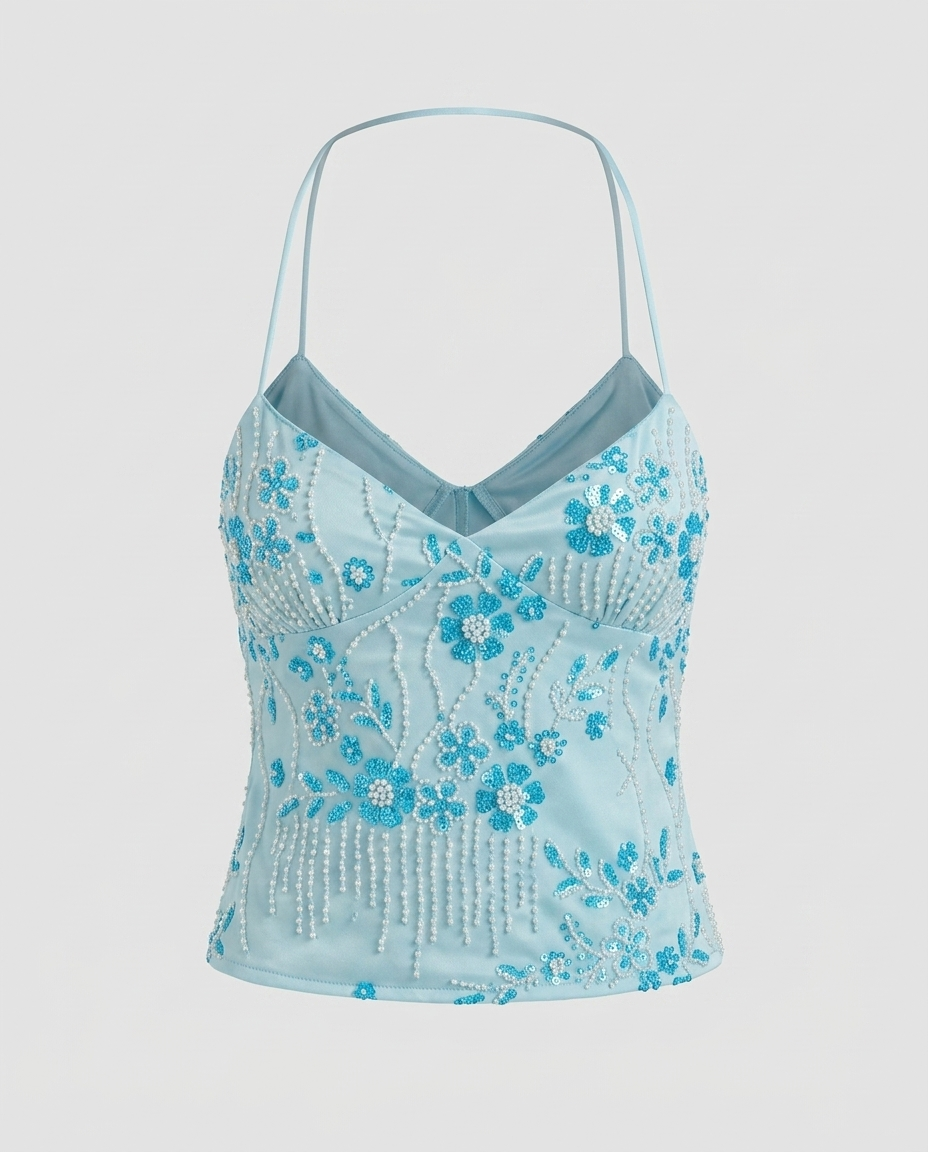 Livia Sequin Embroidered Top - Blue Ghost