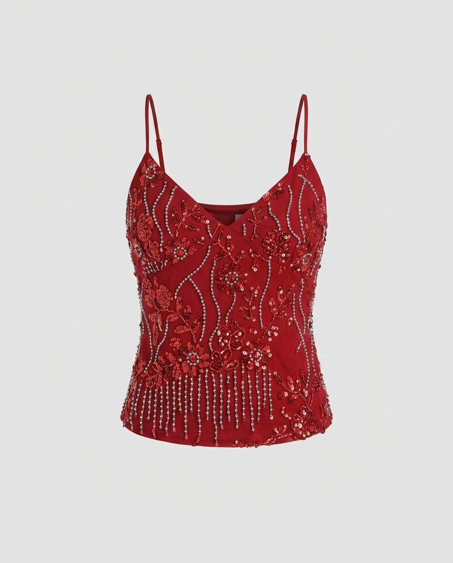 Livia Sequin Embroidered Top - Red Ghost