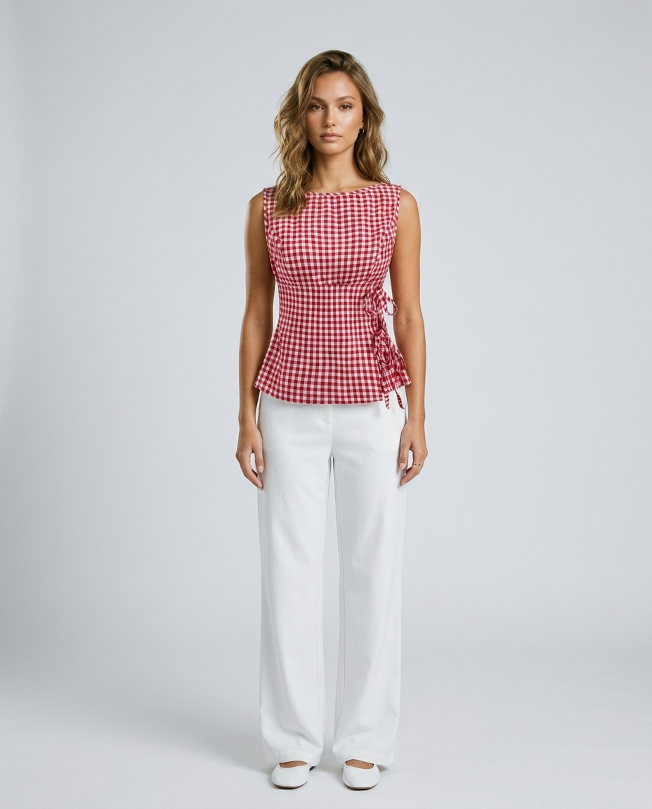 Clara Check Sleeveless Top - Red Front