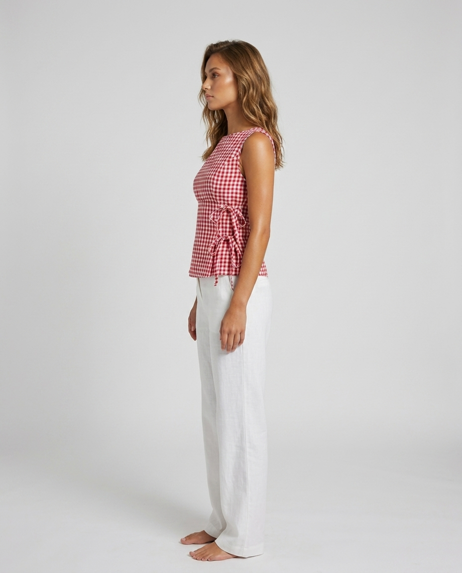 Clara Check Sleeveless Top - Red Side (white pants)