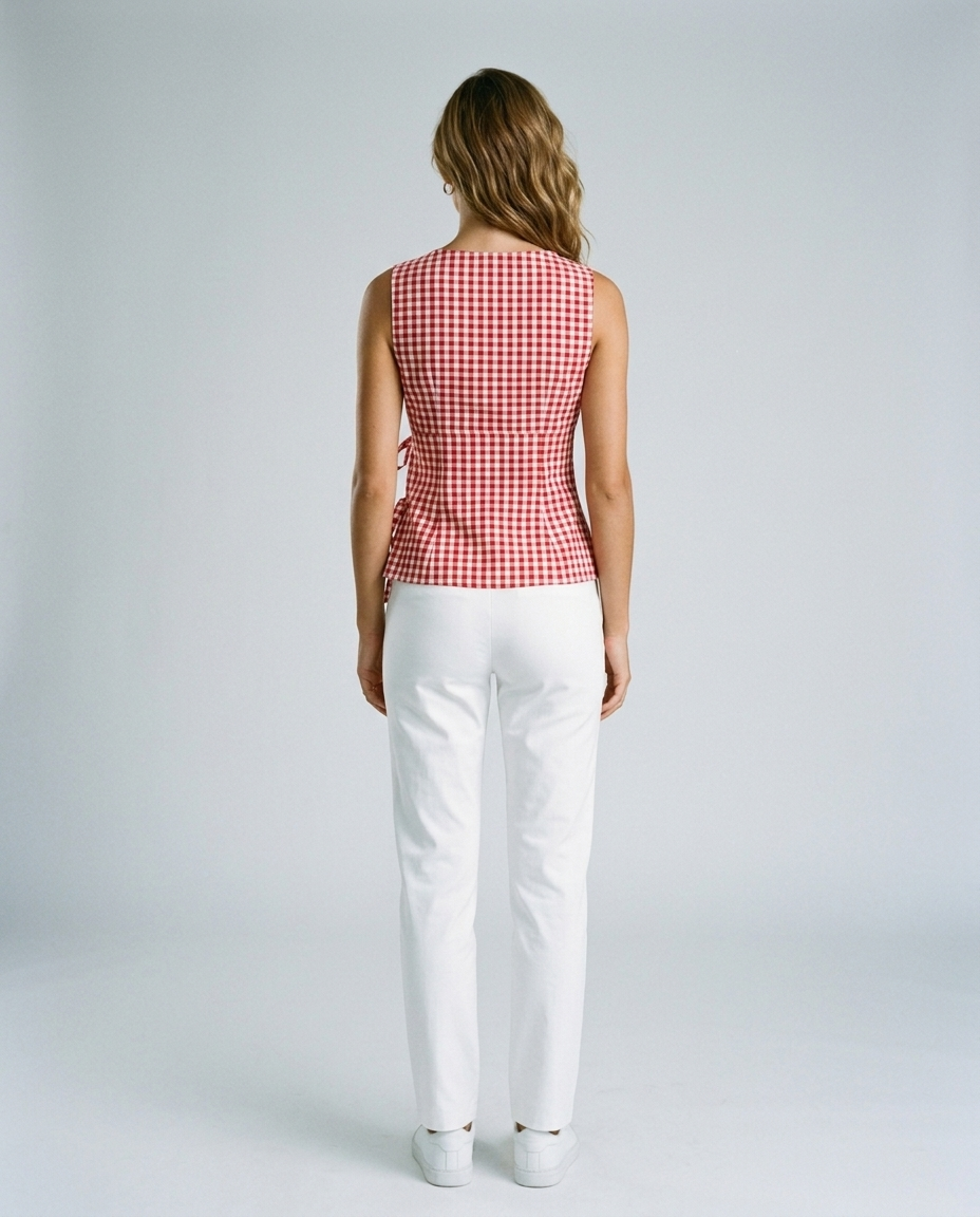 Clara Check Sleeveless Top - Red Rear (white pants)