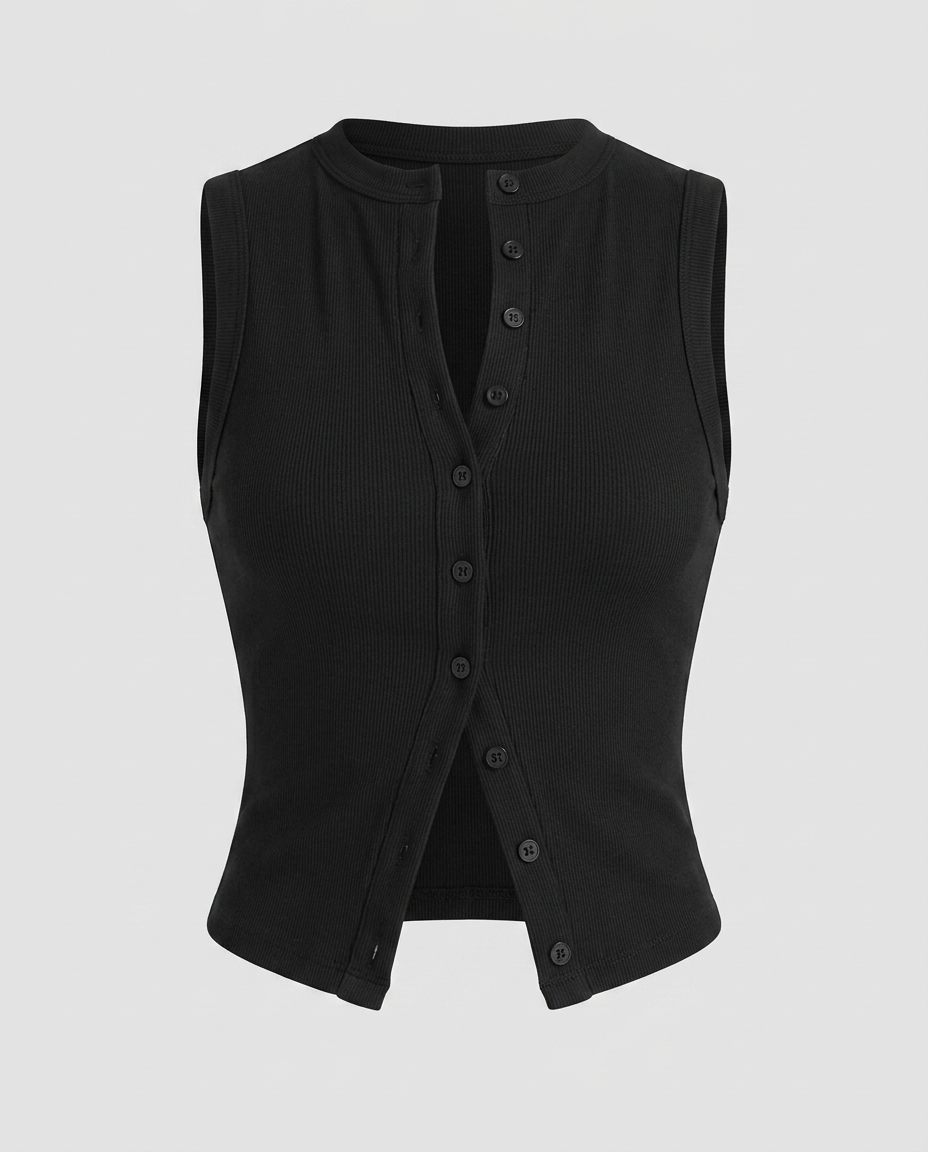 Brielle Button Vest Top - Black Ghost