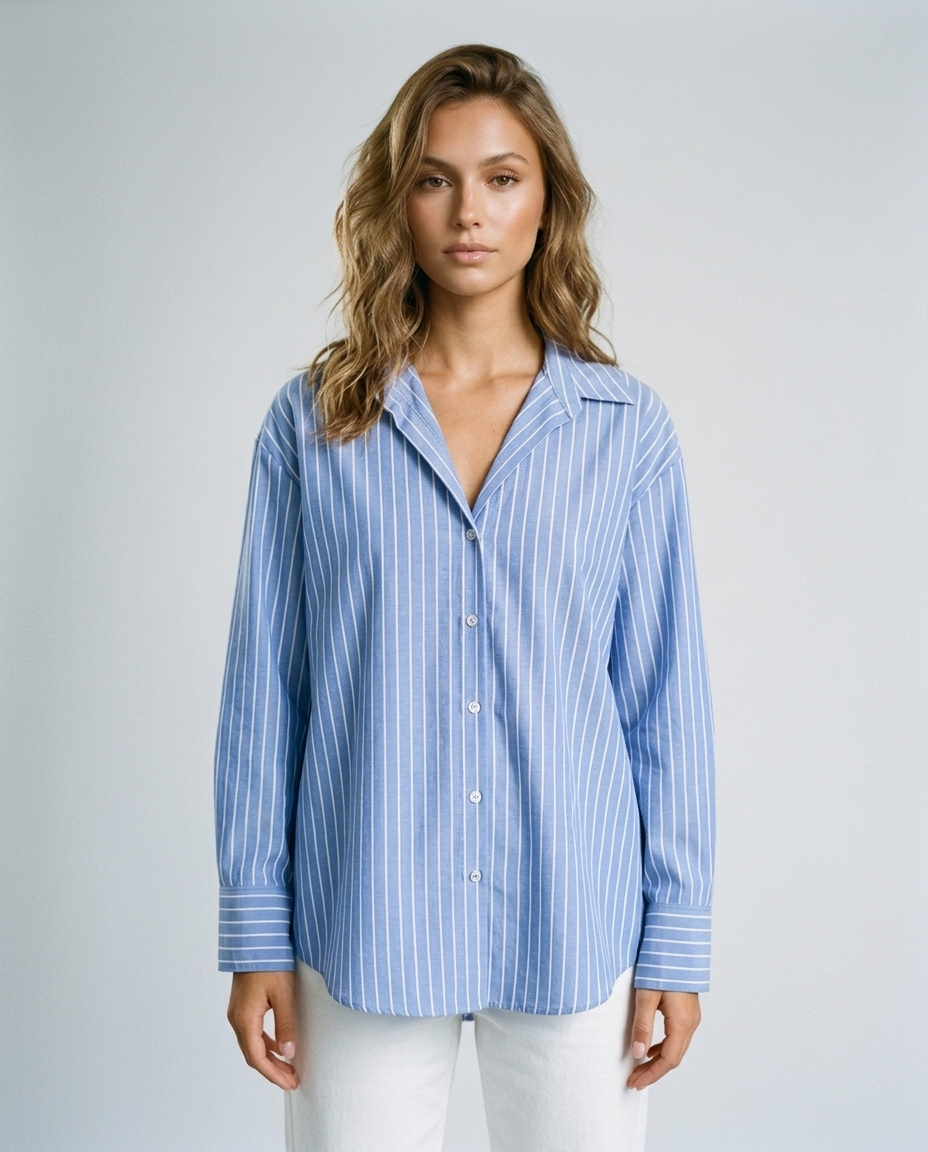 Marin Striped Lapel Shirt - Dark Blue Stripes Front