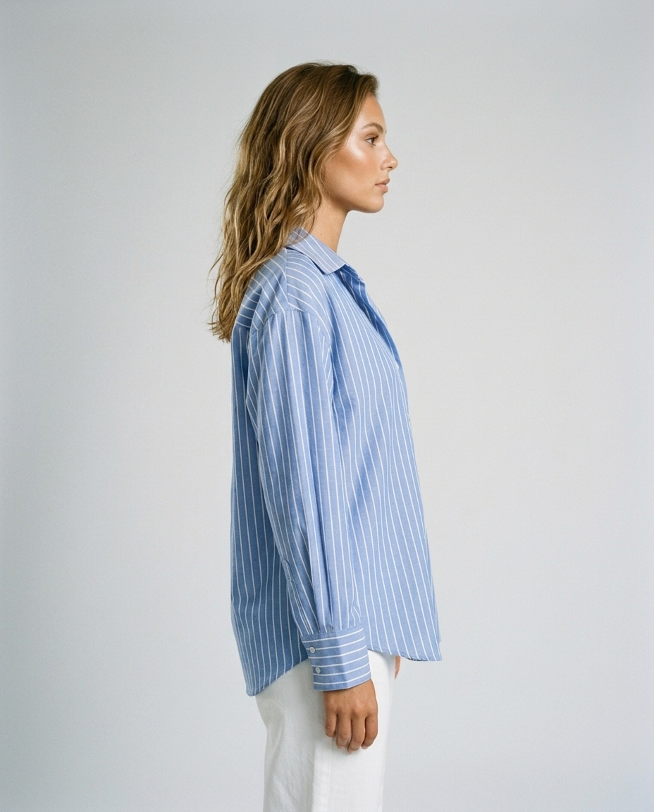 Marin Striped Lapel Shirt - Dark Blue Stripes Side