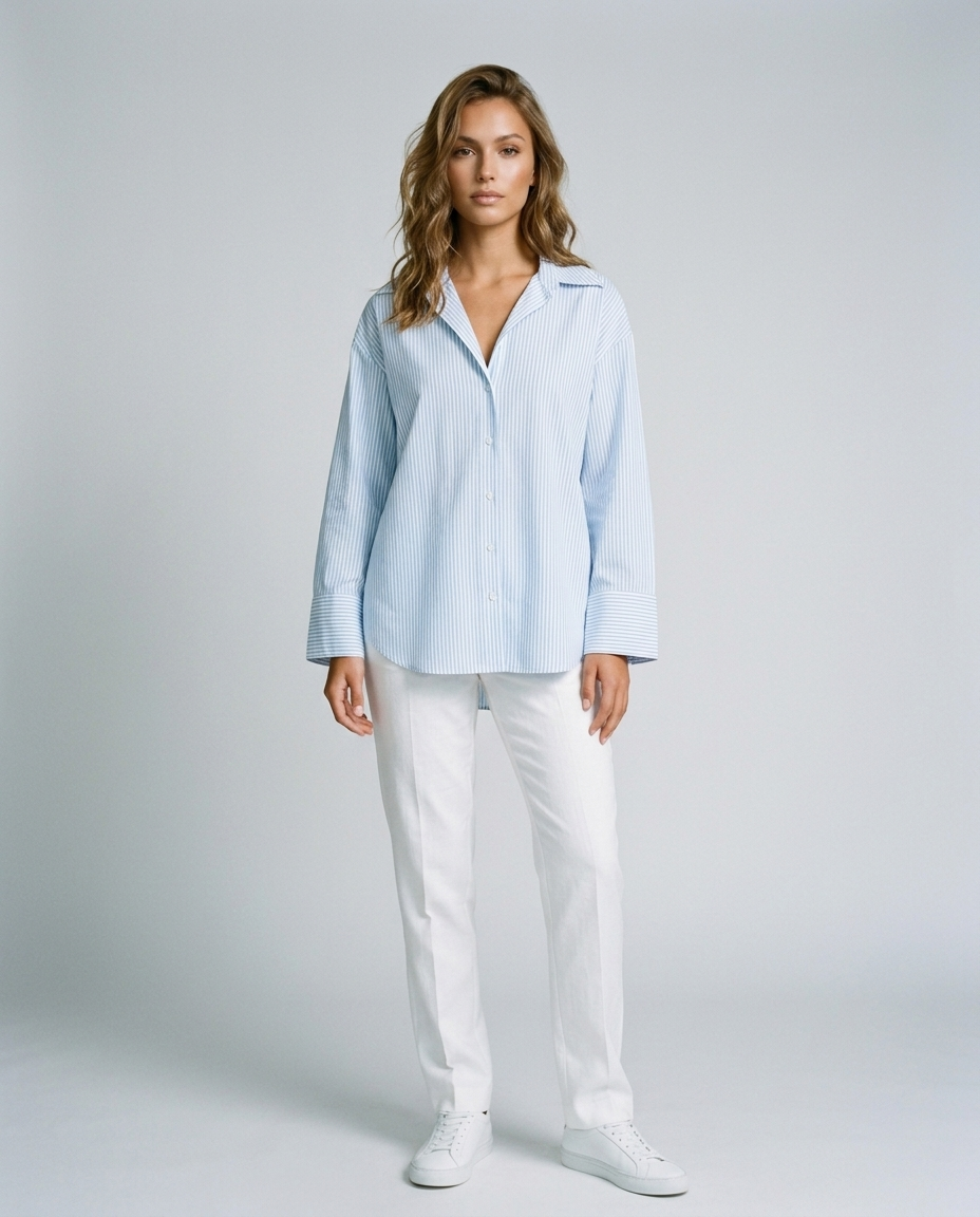 Marin Striped Lapel Shirt - Sky Blue Stripes Front