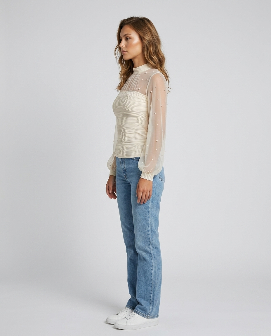 Celeste Pearl Mesh Blouse - White Side