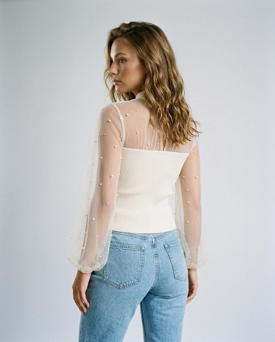 Celeste Pearl Mesh Blouse - White Rear-Side