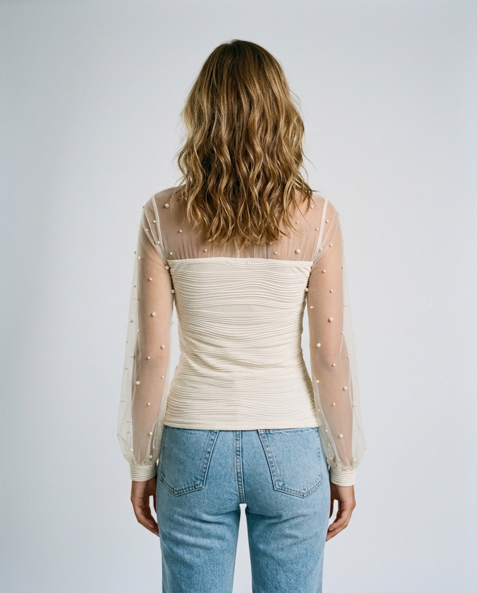 Celeste Pearl Mesh Blouse - White Rear