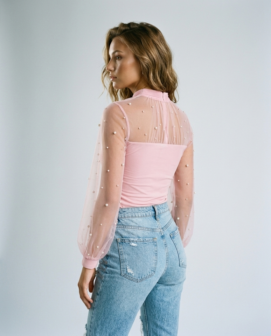Celeste Pearl Mesh Blouse - Pink Rear-Side