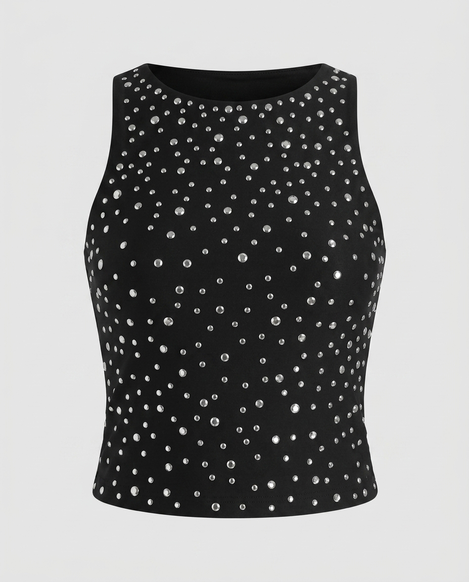 Noelle Rhinestone Dot Top - Black Ghost