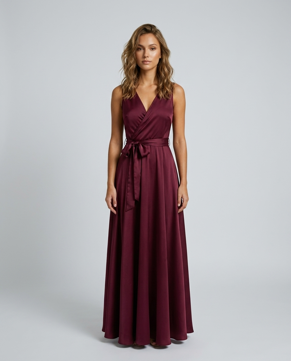 Beloria Belted A Line Dress - Wine red Front