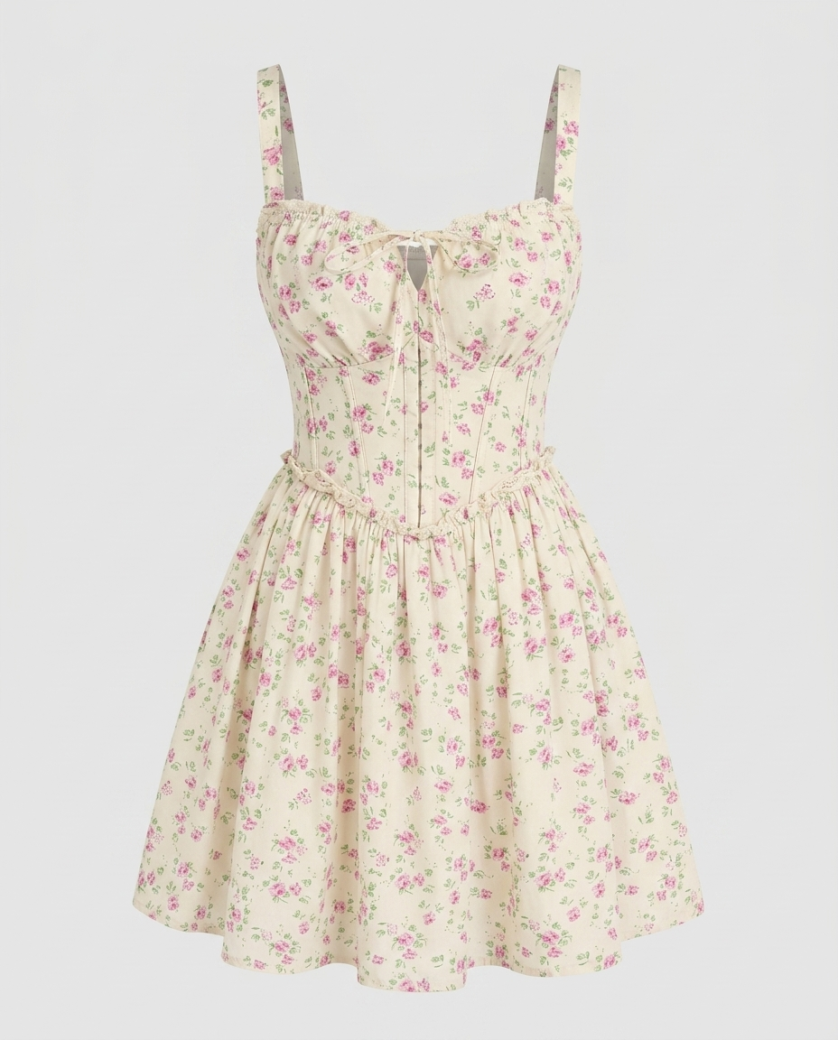 Roselle Bloom Mini Dress - Apricot Ghost