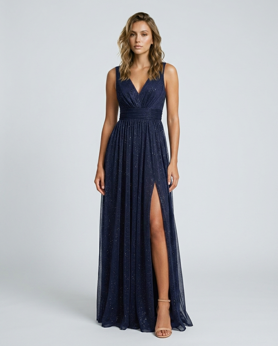 Aurelia V Neck Maxi Dress - Blue Front