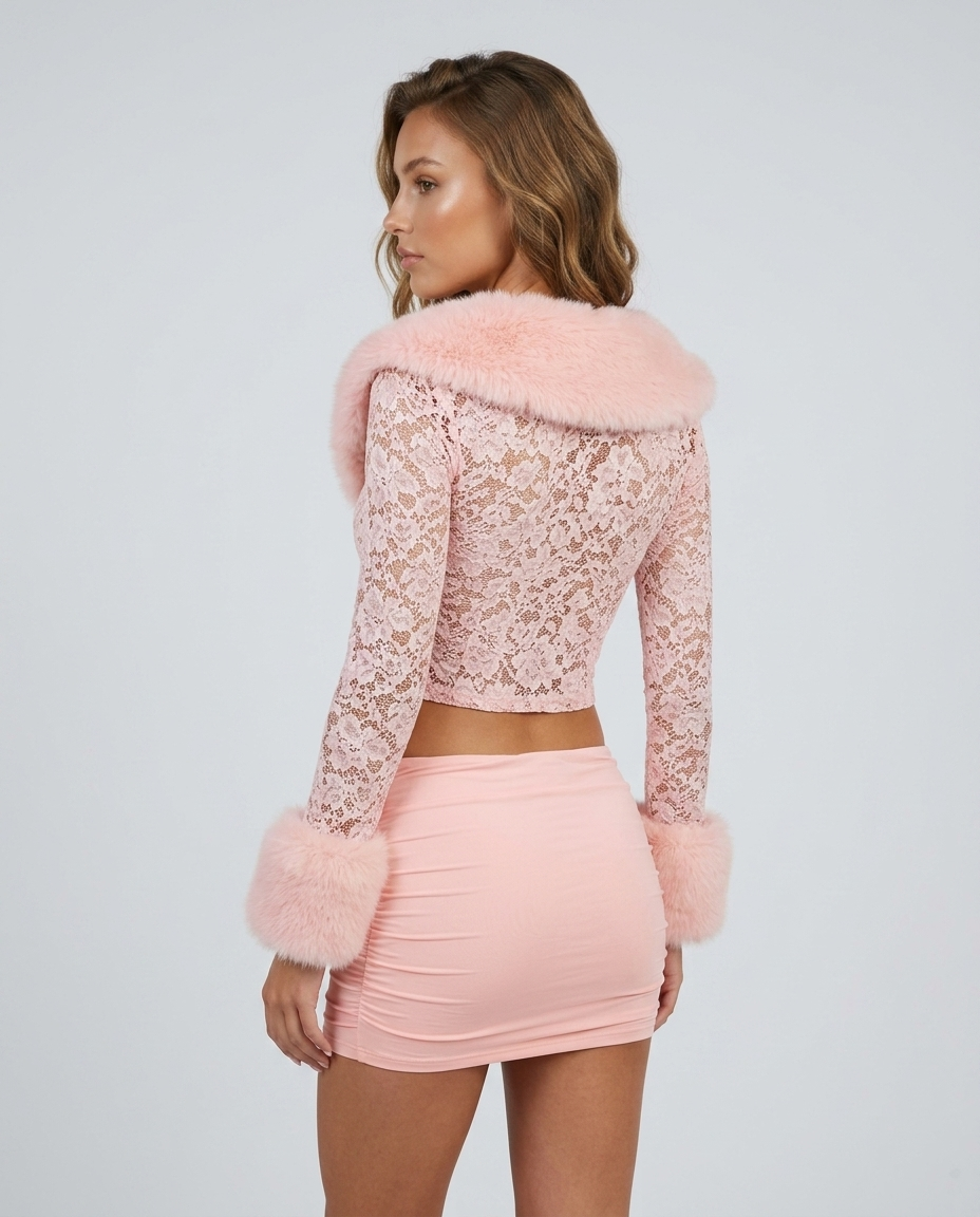 Plush Lace Long Sleeve - Pink Rear-Side