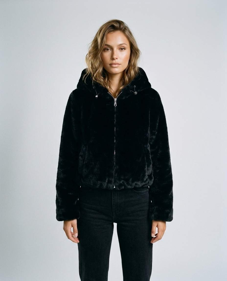 Arden Hooded Faux Fur Jacket - Black Front