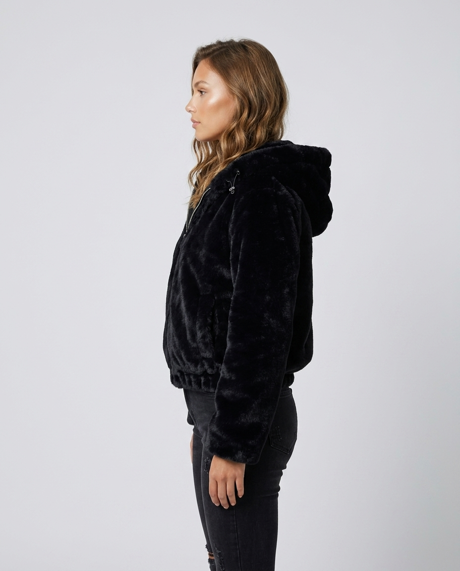 Arden Hooded Faux Fur Jacket - Black Side