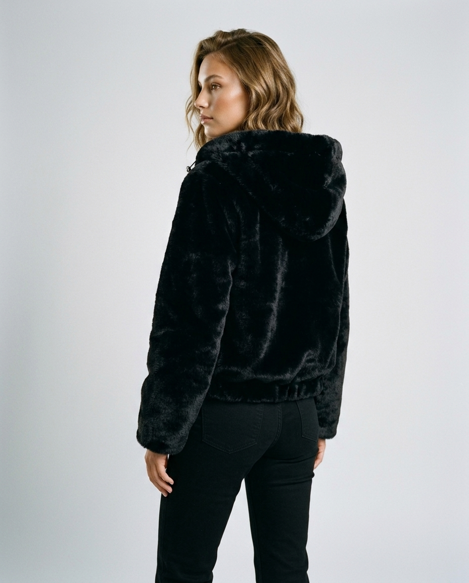 Arden Hooded Faux Fur Jacket - Black Rear-Side