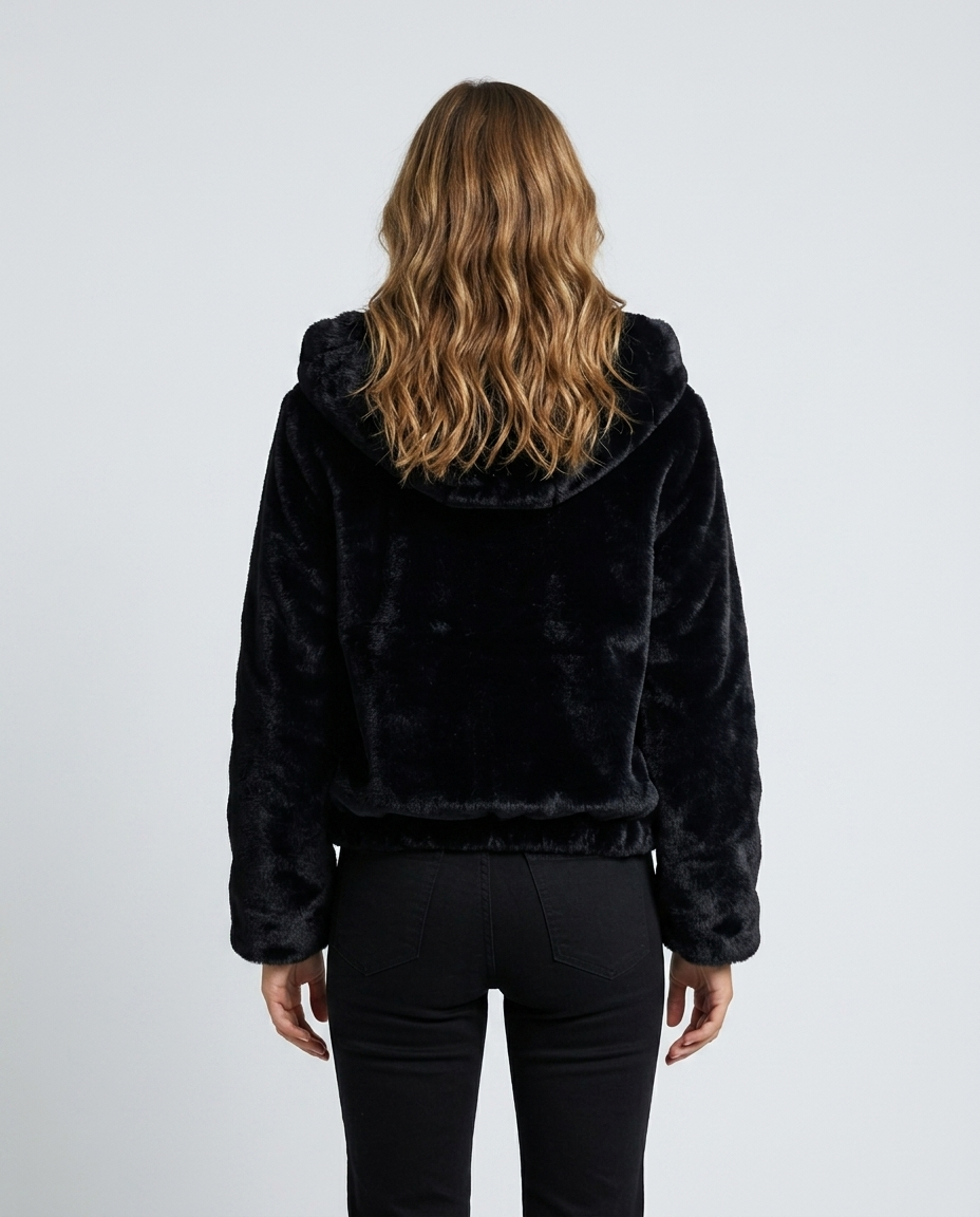 Arden Hooded Faux Fur Jacket - Black Rear