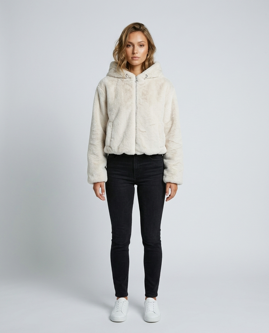 Arden Hooded Faux Fur Jacket - Off-white Front