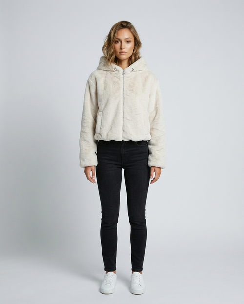 Arden Hooded Faux Fur Jacket - Off-white Front