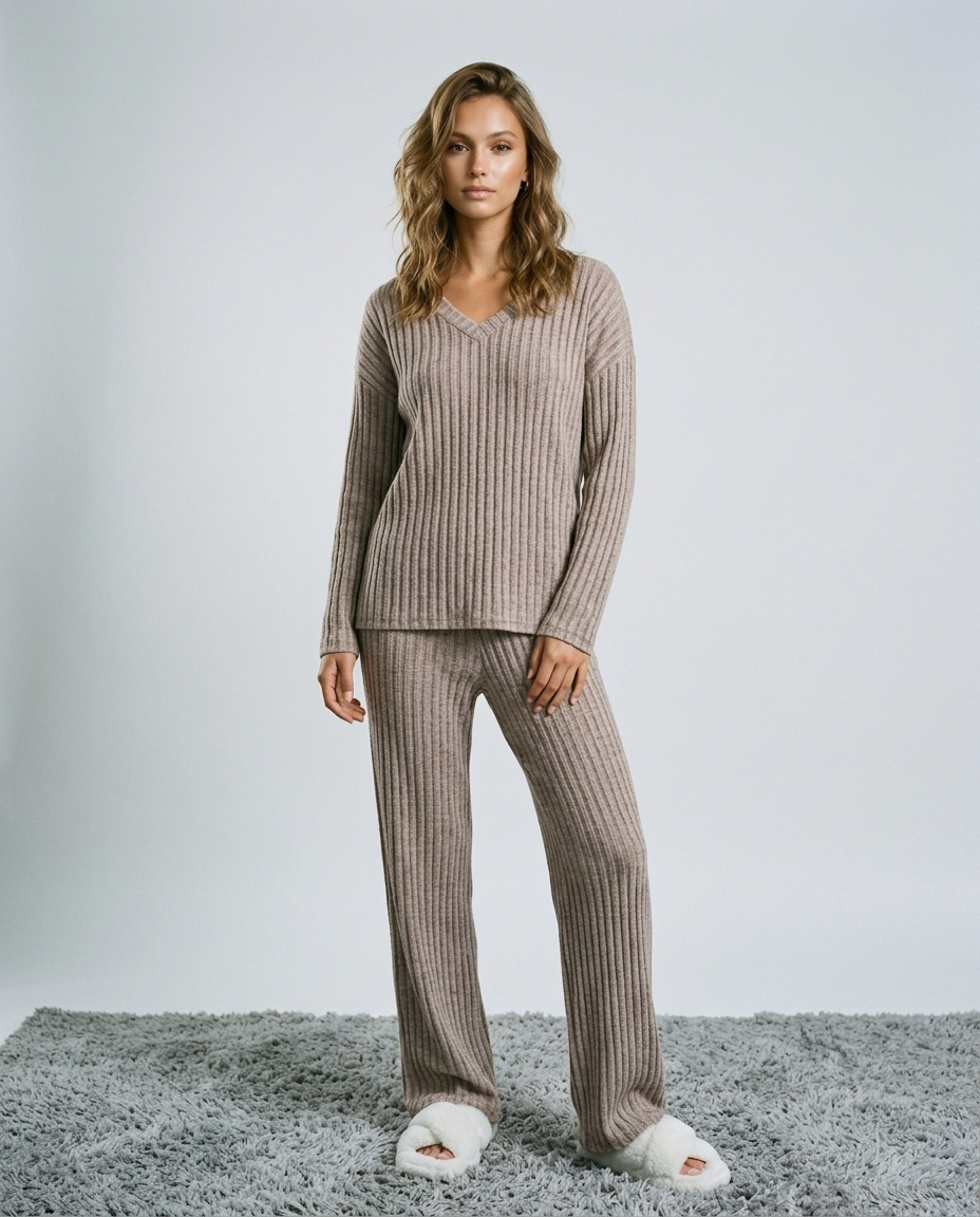 Sora Ribbed Knit Set - Deep khaki Front