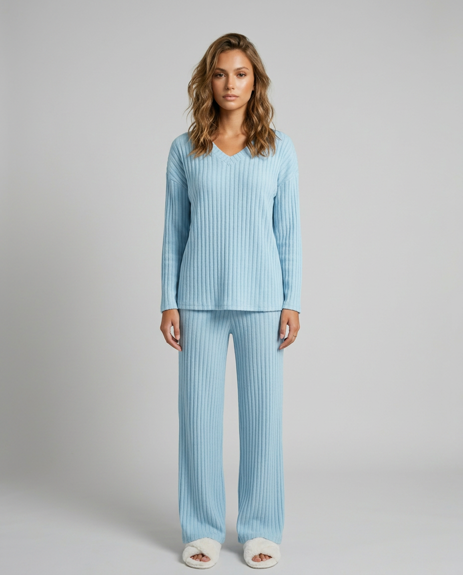 Sora Ribbed Knit Set - Blue Front