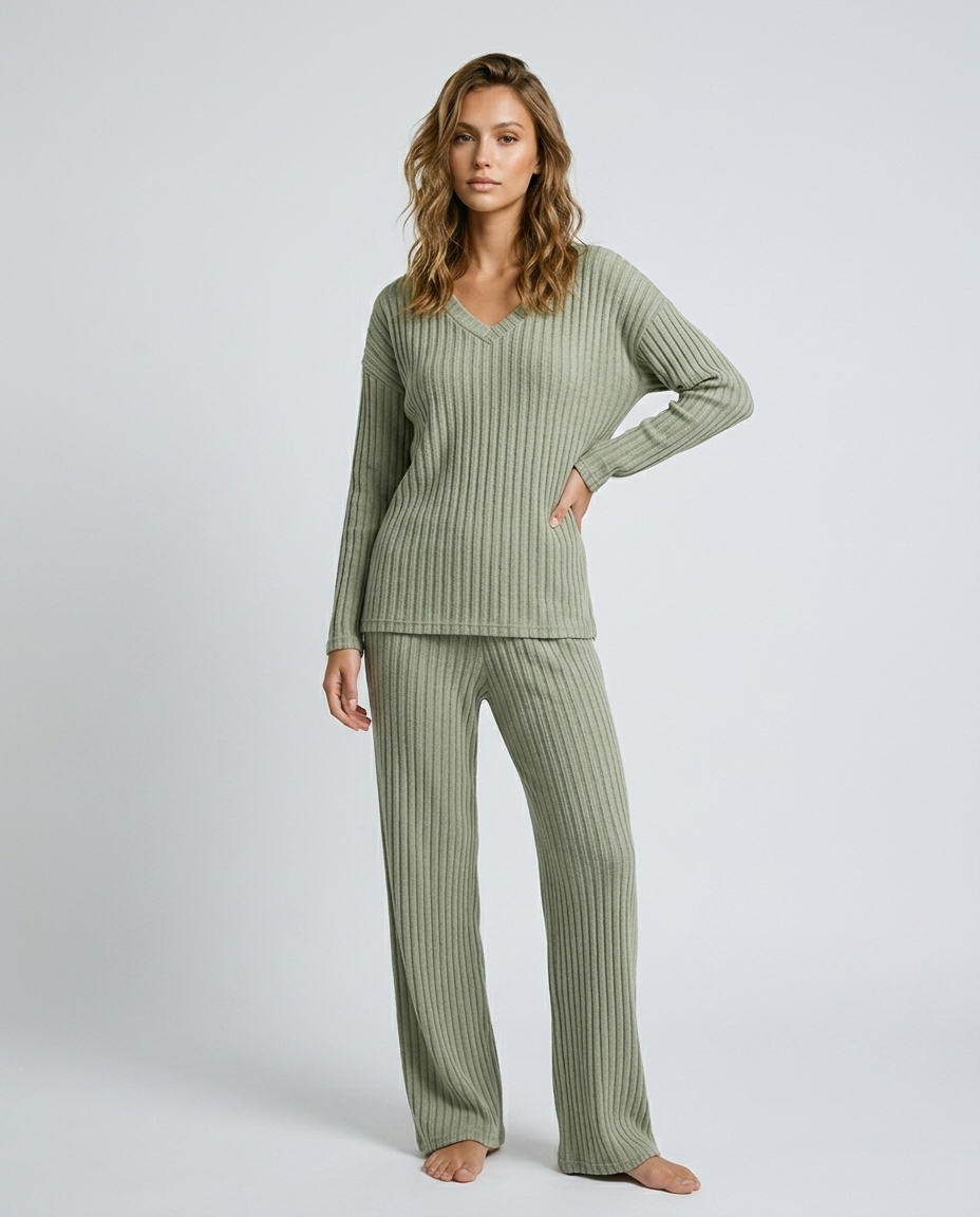 Sora Ribbed Knit Set - Army Green Front