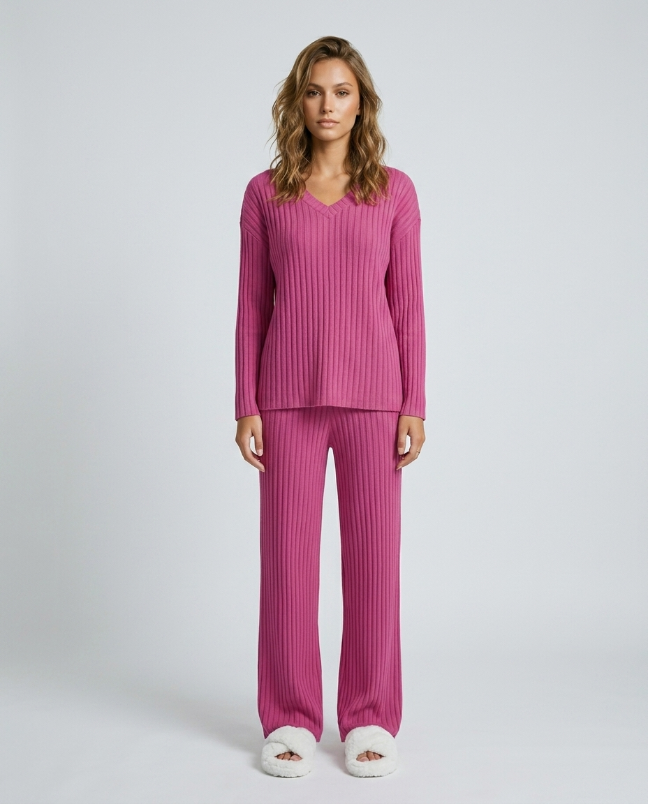 Sora Ribbed Knit Set - Rose Red Front