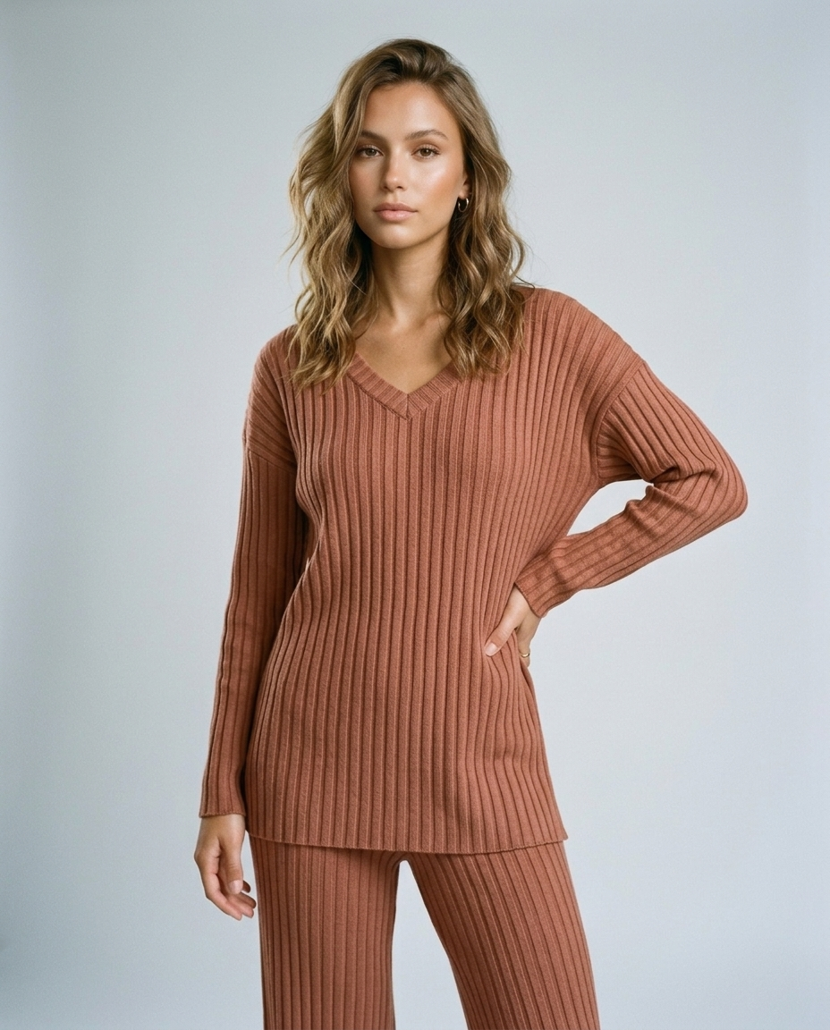 Sora Ribbed Knit Set - Brown Front