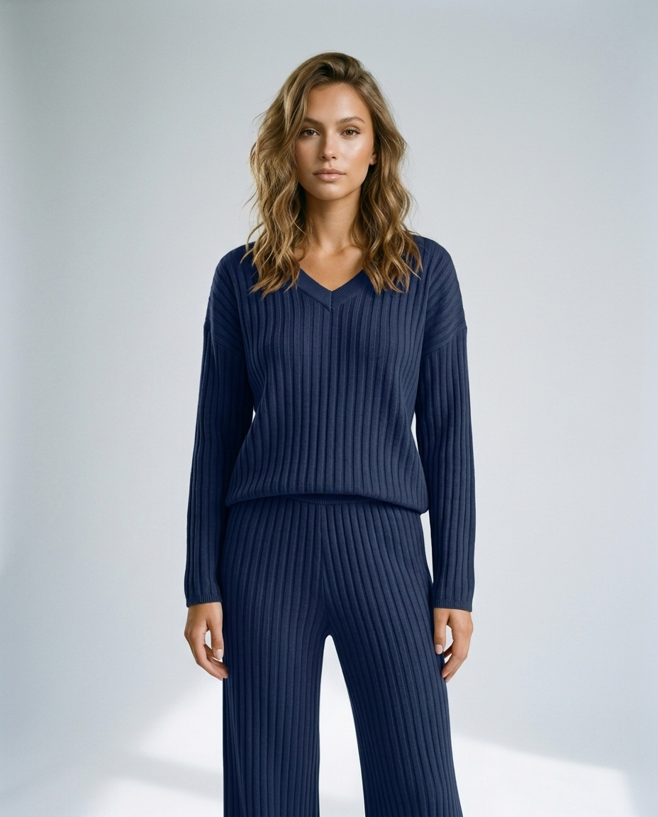 Sora Ribbed Knit Set - Navy Blue Front