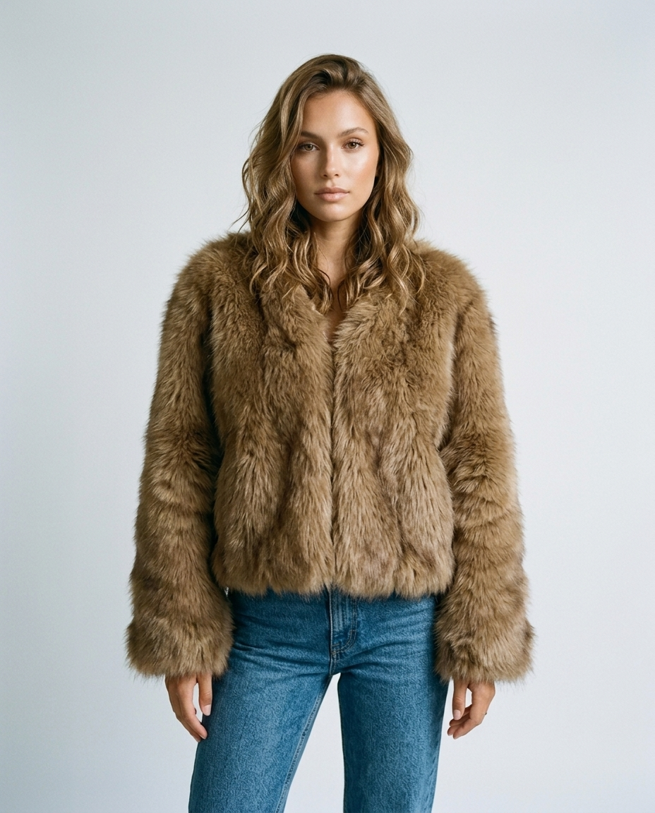 Kaia Cropped Faux Fur Coat - Amber Front