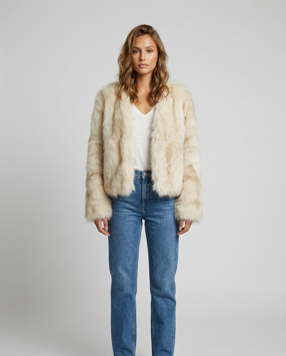 Kaia Cropped Faux Fur Coat - Smudged White Gray Tip Front