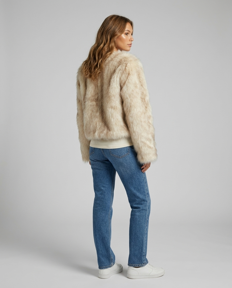 Kaia Cropped Faux Fur Coat - Smudged White Gray Tip Rear-Side