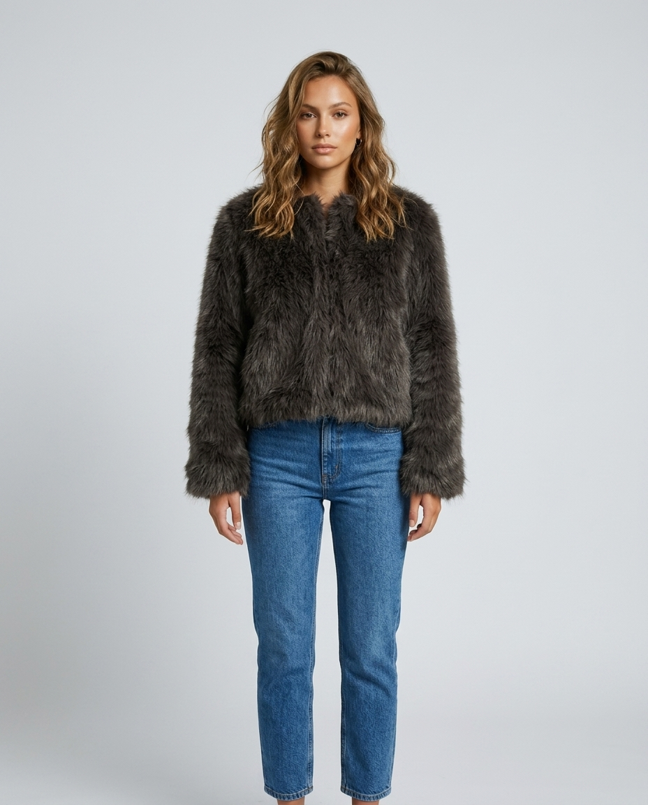 Kaia Cropped Faux Fur Coat - Bentley Gray Two-Tone Front