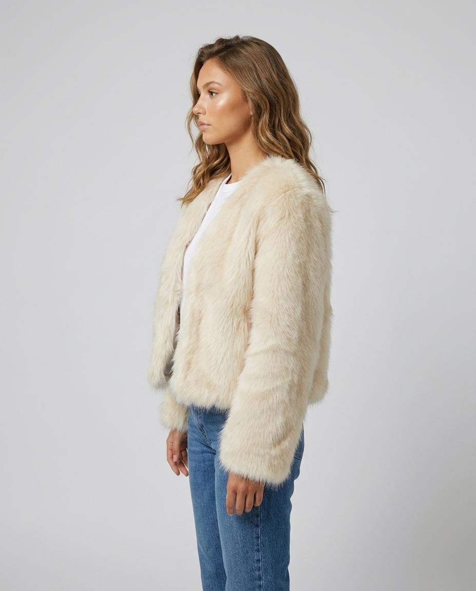Kaia Cropped Faux Fur Coat - Smudged White Gray Tip Side