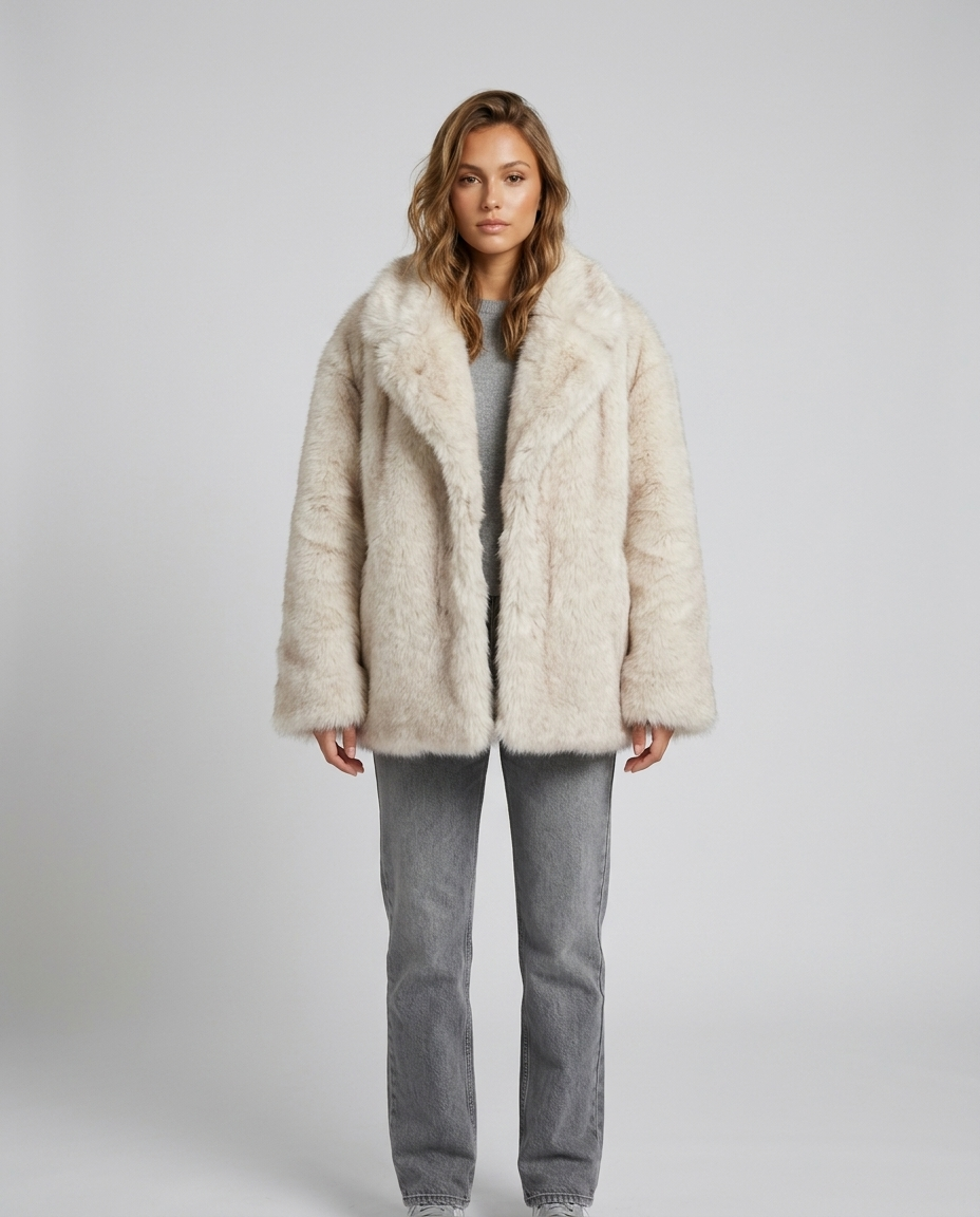 Valen Textured Fur Coat - White Background Coffee Tip Front