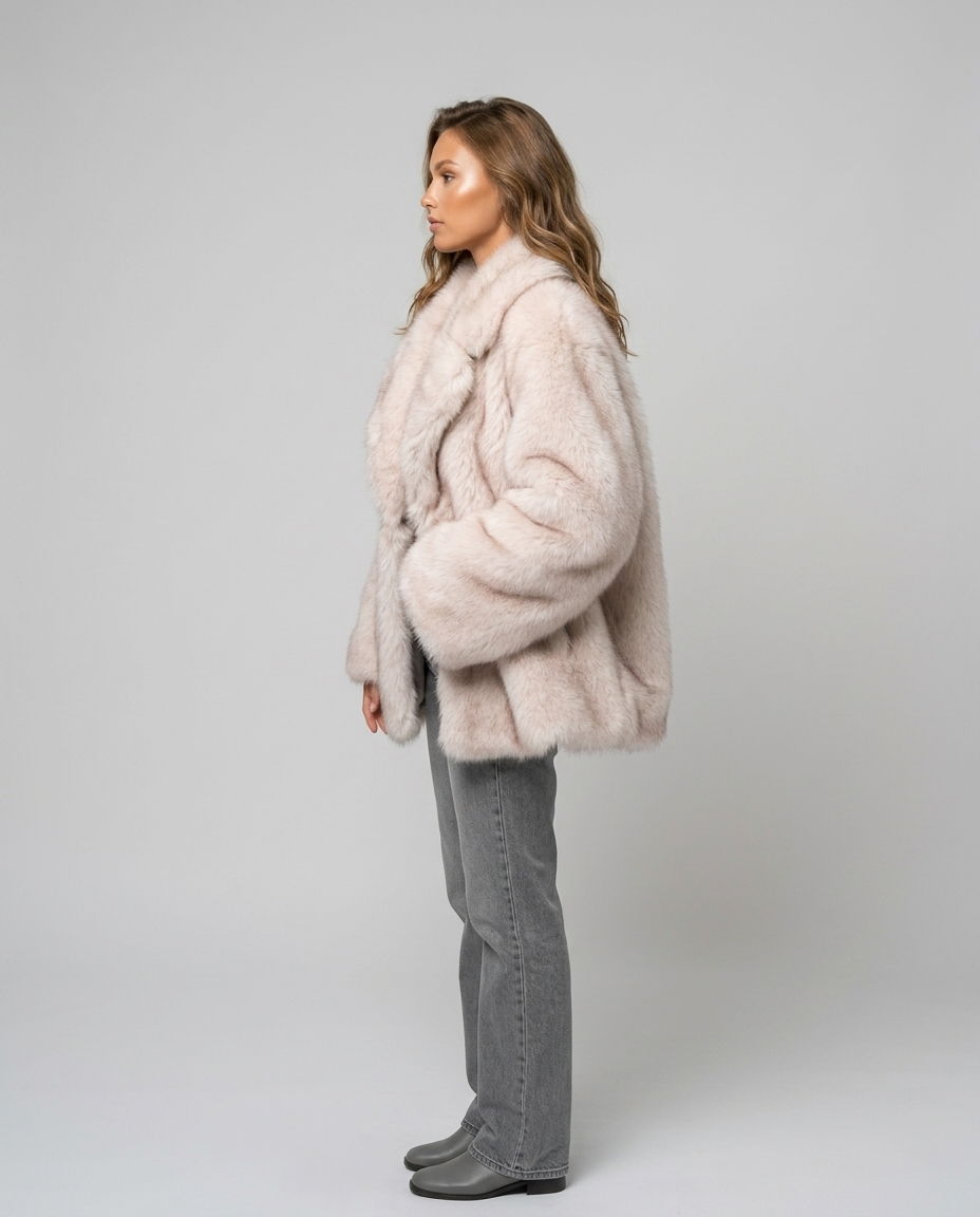 Valen Textured Fur Coat - White Background Coffee Tip Side