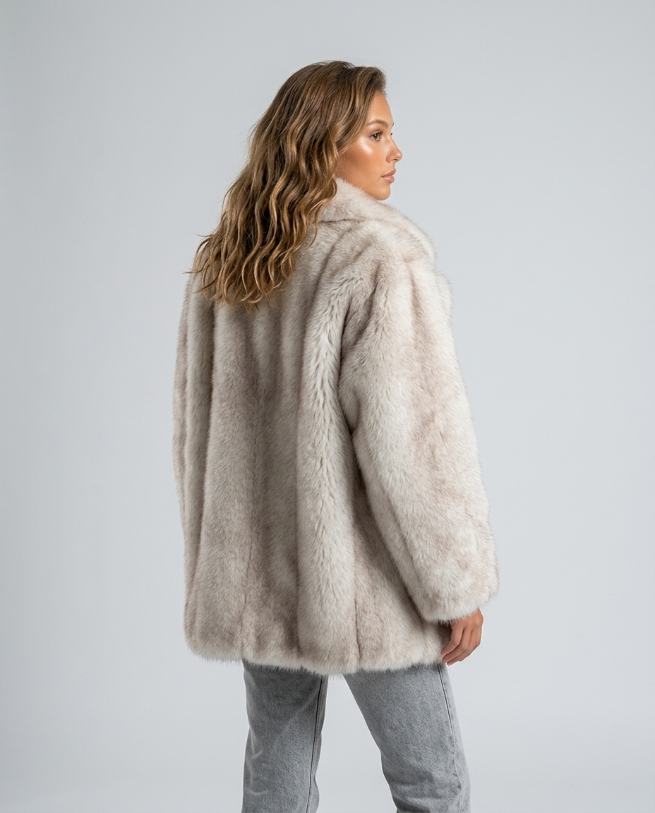 Valen Textured Fur Coat - White Background Coffee Tip Rear-Side