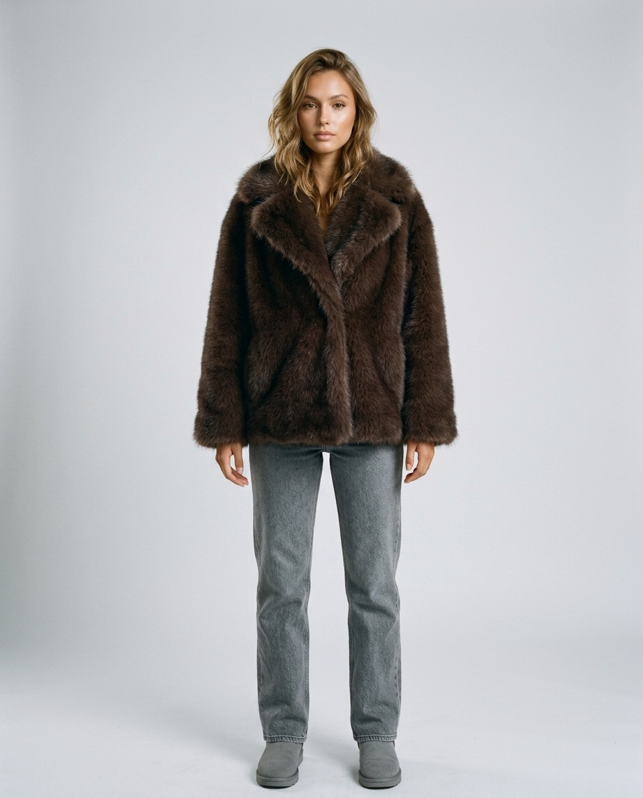 Valen Textured Fur Coat - Coffee Front