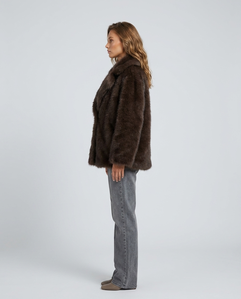 Valen Textured Fur Coat - Coffee Side