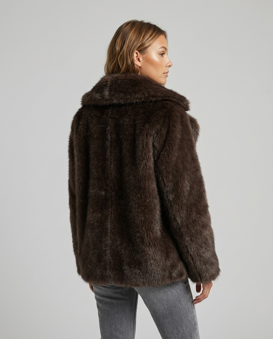 Valen Textured Fur Coat - Coffee Rear-Side