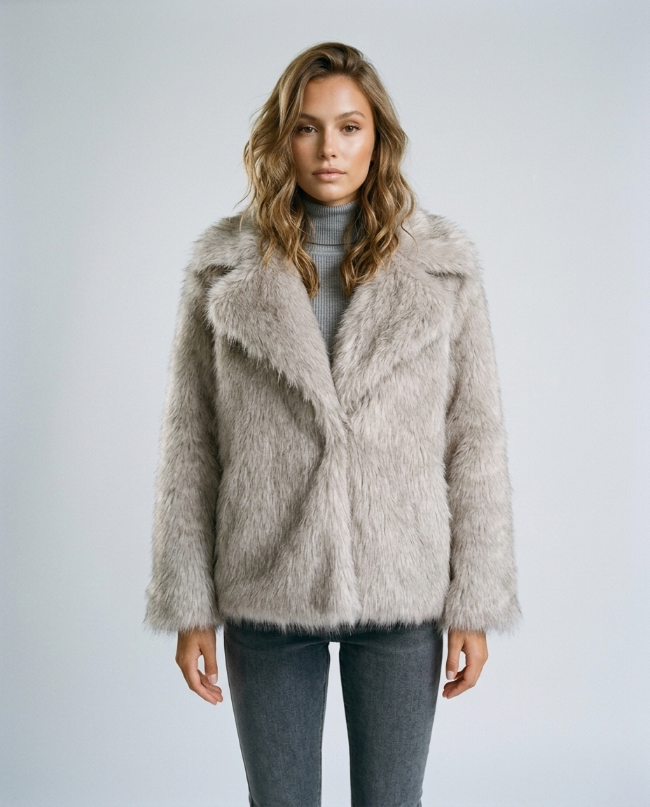 Valen Textured Fur Coat - Rice Grey Cafe Tip Front