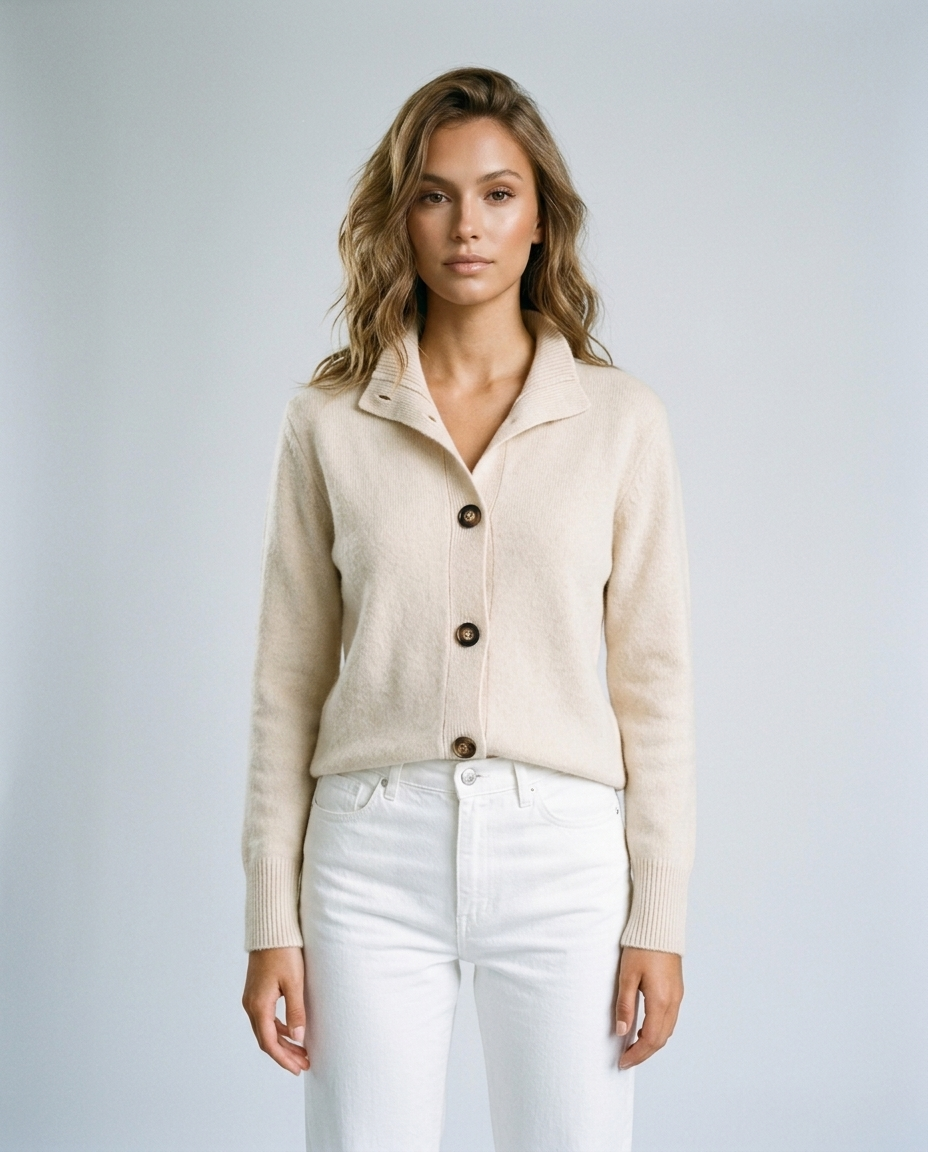 Arlo Knit Stand Collar Cardigan - Creamy-white - Front