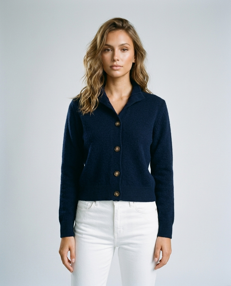 Arlo Knit Stand Collar Cardigan - Navy blue - Front