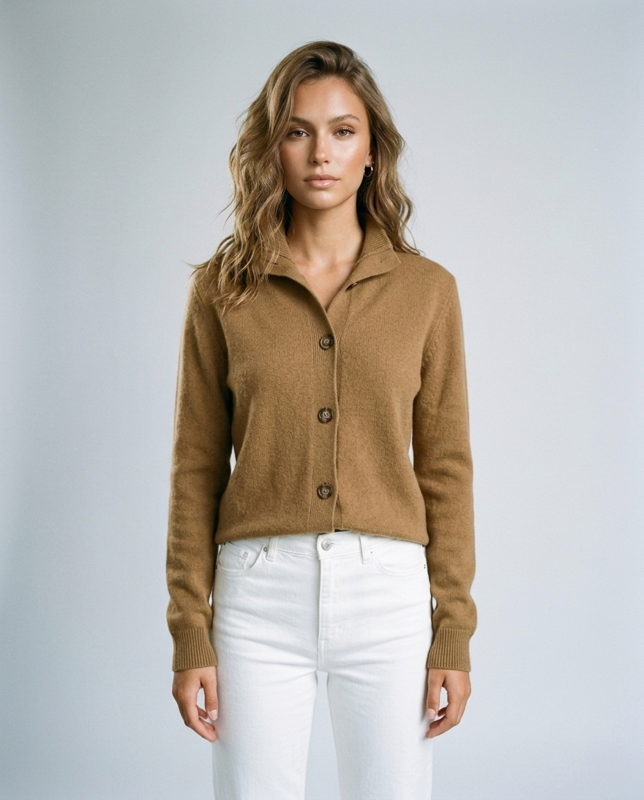 Arlo Knit Stand Collar Cardigan - Brown - Front