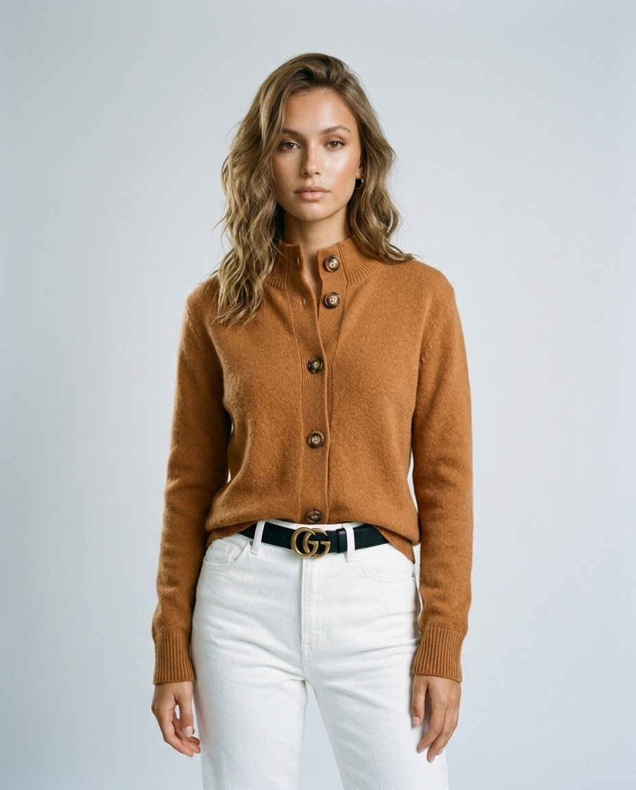 Arlo Knit Stand Collar Cardigan - Caramel - Front