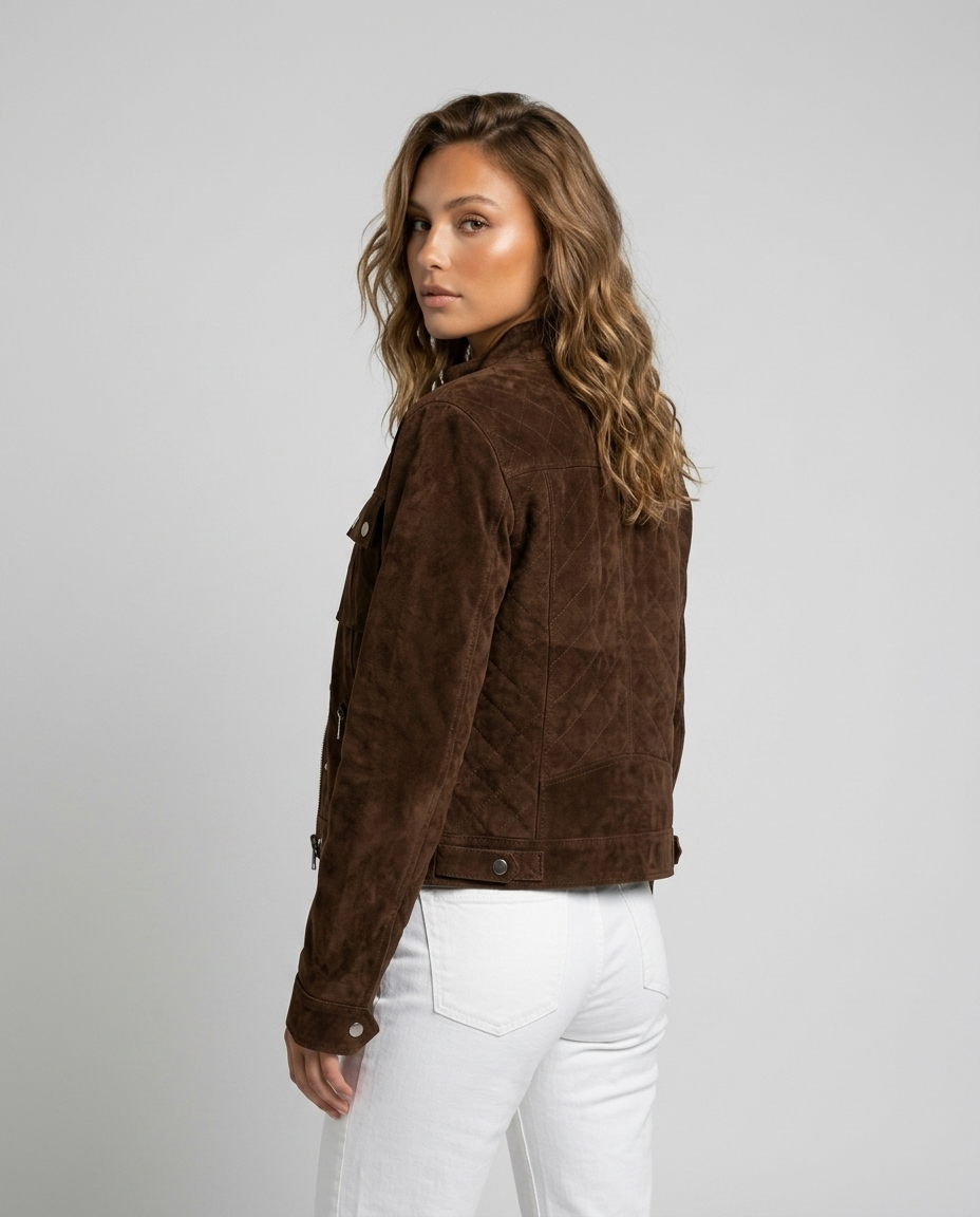 Ronan Quilted Suede Jacket - Brown - Rear-Side