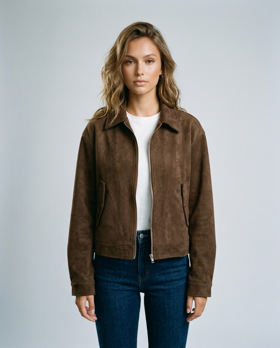Mason Faux Suede Moto Jacket - Dark brown lined - Front