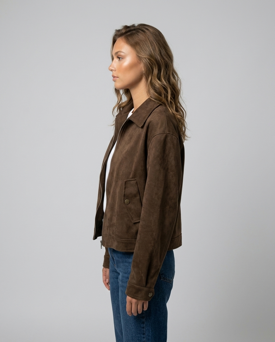 Mason Faux Suede Moto Jacket - Dark brown lined - Side
